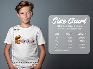 Youth size chart for Bella + Canvas 3001Y short sleeve tee with garment dimensions.