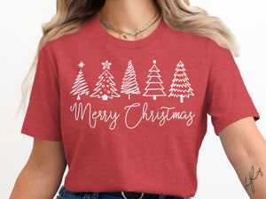Red t-shirt with white line drawing of Christmas trees and "Merry Christmas" text.