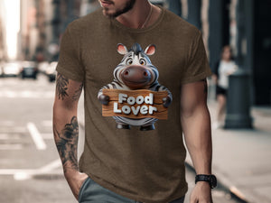 Brown t-shirt with cartoon zebra holding a wooden sign that reads "Food Lover".