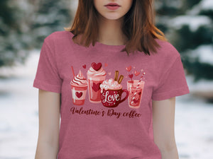 Valentine's Day coffee design with frothy drinks, hearts, and "Love" text.