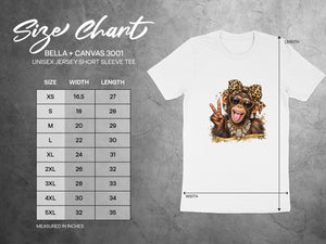 BELLA + CANVAS 3001 unisex jersey short sleeve tee size chart measured in inches.