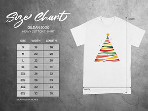 Gildan 5000 heavy cotton t-shirt size chart with dimensions in inches.