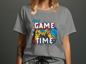 Grey t-shirt with "Cool Game Time" text and video game graphic elements.