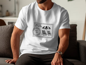 White t-shirt with vintage postage stamp design: Santa Monica, July 15, 1975.