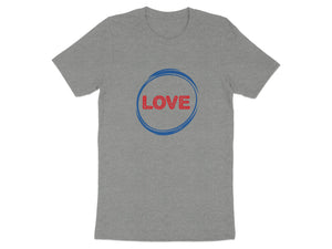 Grey t-shirt with "LOVE" in red letters inside a blue circle design.