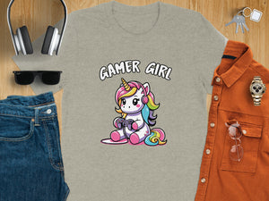 Grey t-shirt with "Gamer Girl" text and cartoon unicorn holding a video game controller.