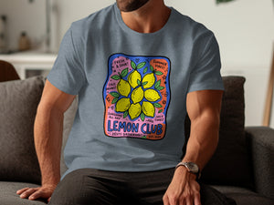 T-shirt with "Lemon Club" graphic featuring lemons, leaves, and text.