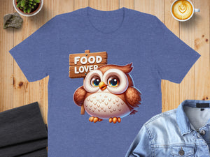 Blue t-shirt with "FOOD LOVER" text on a wooden sign and a cute owl graphic.
