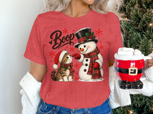 T-shirt graphic of a kitten and snowman with the word "Boop".