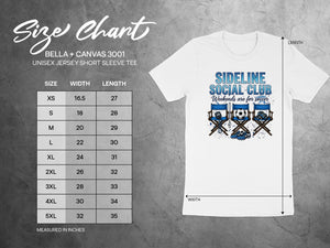 Bella + Canvas 3001 unisex jersey t-shirt size chart with measurements in inches.