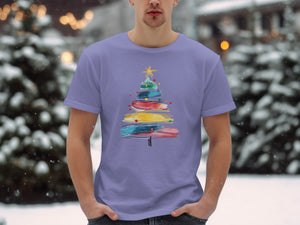 Purple t-shirt with a colorful, abstract Christmas tree graphic.