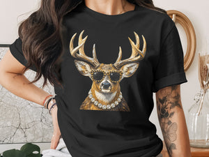 Deer with sunglasses and pearl necklace graphic on black t-shirt.