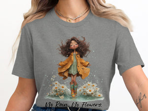 Girl in yellow raincoat and colorful boots surrounded by daisies, with text "No Rain, No Flowers."
