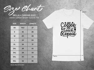 Bella + Canvas 3001 size chart for unisex short sleeve tees, measured in inches.