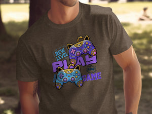 T-shirt with cat controllers and text "New Level Play Super Cool Game."