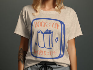 T-shirt graphic: open book, text "BOOK: ON WORLD: OFF" in blue and orange.