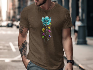 Brown t-shirt with a large teal flower and "mama" written in watercolor letters.