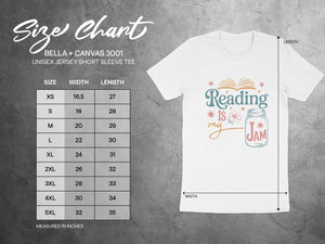 BELLA + CANVAS 3001 unisex tee size chart showing width and length measurements in inches.