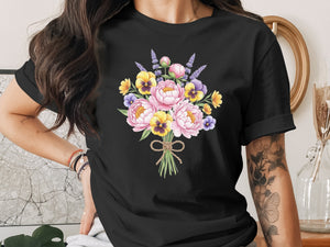 Black t-shirt with watercolor floral bouquet design and twine bow.