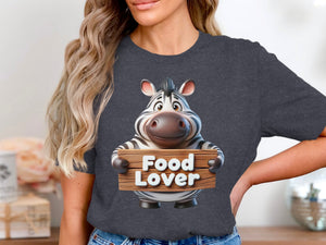 Cartoon zebra holding a wooden sign that says "Food Lover".