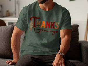 Green t-shirt with "happy Thanks Giving" text in red, orange, and brown.