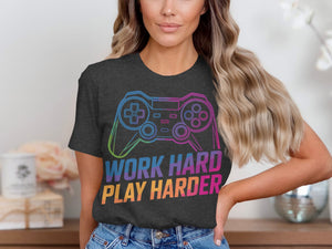 Dark t-shirt with neon gamer controller and text "Work Hard Play Harder."