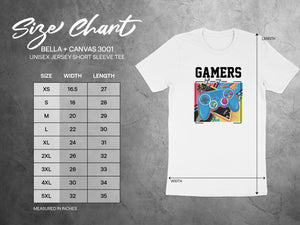 Size chart for Bella + Canvas 3001 unisex short sleeve tee with gamer graphic.