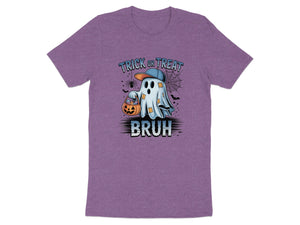 Purple t-shirt with a ghost holding candy, wearing a hat, and the words "Trick or Treat Bruh."