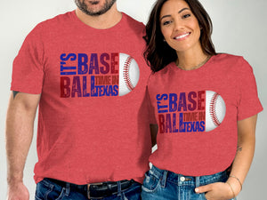 Couple wearing red t-shirts with "It's Baseball Time in Texas" graphic and baseball.
