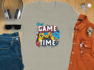 Grey t-shirt with "Cool Game Time" graphic featuring a video game controller and cartoon characters.