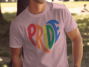 Pink t-shirt with rainbow heart graphic spelling out "PRIDE".