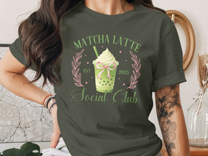 Green t-shirt with "Matcha Latte Social Club" graphic and a bubble tea drink.