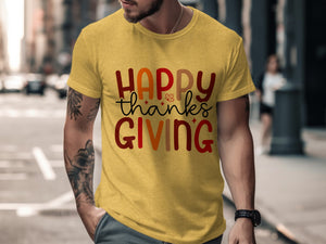 Yellow t-shirt with "HAPPY THANKSGIVING" graphic and maple leaf.