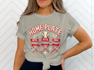 Grey t-shirt with "Home Plate Social Club" text and baseball graphic.