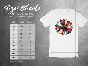 Size chart for Bella + Canvas 3001 unisex short sleeve tee, measured in inches.