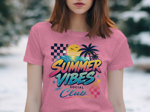 Pink t-shirt with "Summer Vibes Social Club" graphic and sunset beach scene.
