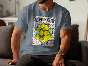T-shirt with "Lemon Club" text and lemons, "Sunshine Fun Juicy Vibes" phrases.