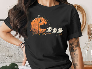 Jack-o'-lantern with three ghosts design on black t-shirt