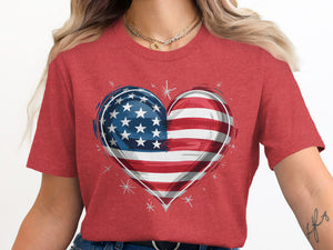 Red t-shirt with a distressed American flag heart graphic and white stars.