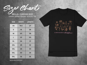 Bella + Canvas 3001 unisex t-shirt size chart with garment measurements.