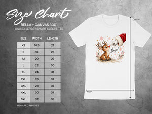 Size chart for Bella + Canvas 3001 unisex jersey short sleeve tee with size, width, and length.