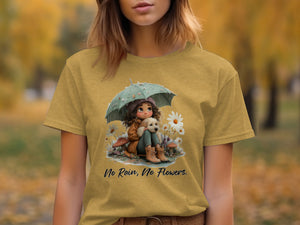 Girl with dog under umbrella with text "No Rain, No Flowers."