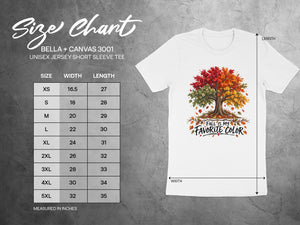 Size chart for Bella + Canvas 3001 unisex tee with fall tree graphic.