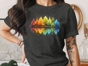 Dark grey t-shirt with a rainbow forest and reflection graphic.