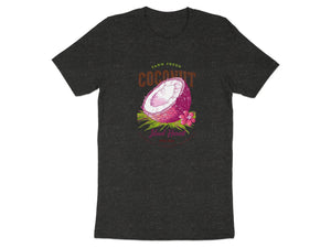 T-shirt with a graphic of a half coconut, text "Farm Fresh Coconut", and "Island Harvest".