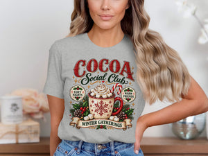 Cocoa Social Club design with mug, marshmallows, candy cane, holly, and text.