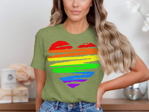Green t-shirt with a distressed rainbow heart graphic on the front.