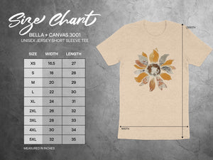 Bella + Canvas 3001 unisex t-shirt size chart with width and length measurements in inches.