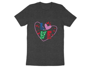 Dark gray t-shirt with "LOVE" in colorful letters inside a heart outline.