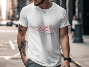 White t-shirt with red wavy lines and target design, "SUMMER IS IN THE AIR" text.